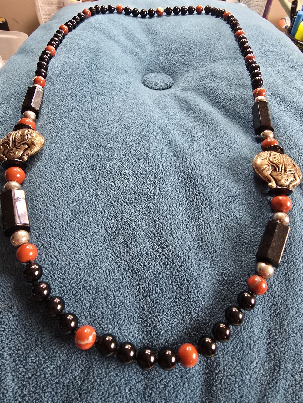 Asian Black Tourmaline and Red Jasper w/Silver Beads & Pendant Necklace